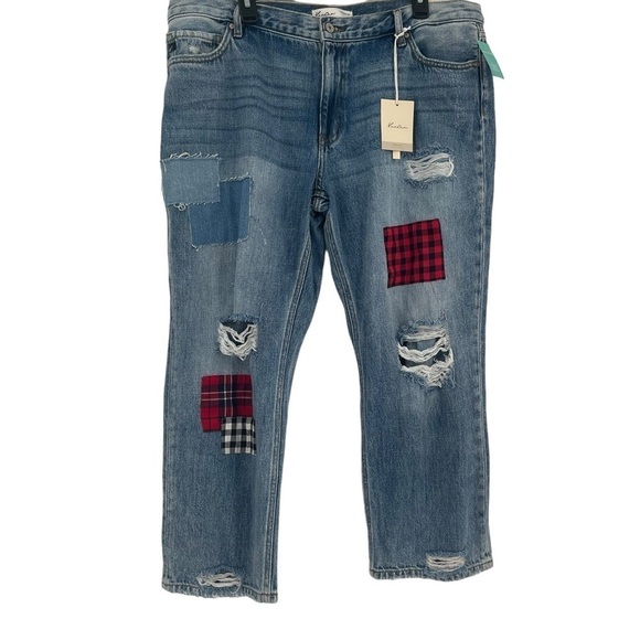 Kancan Women’s NWT No Stretch Plaid Patch Ripped Boyfriend Jeans 32x28 - Picture 4 of 12